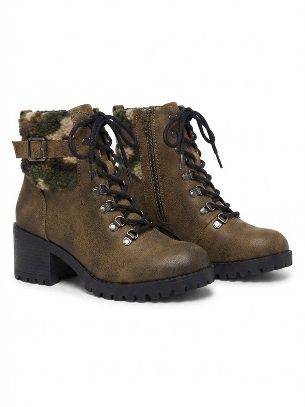 Madden Girl Brand - Olive Brown, Faux Fur Trim, Lace-Up Hiker Booties, Camo Trim